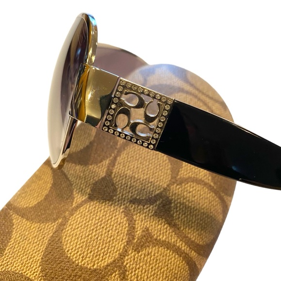 COACH Aviator Shield Sunglasses NWOT in Black & Silver w/Rhinestone Logo Detail - Picture 10 of 14